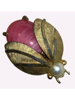 Gold Tone Bug with Pink Stone Body And Faux Pearl Heads Signed RSK